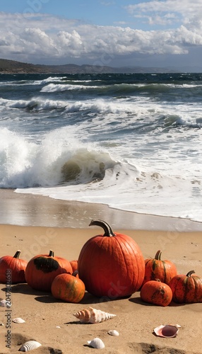 Pumpkins and seashells meet ocean waves on sandy beach in whimsical autumn seascape