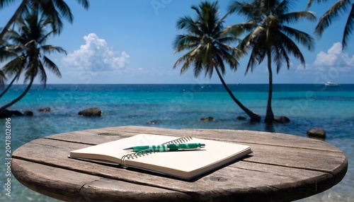 A notebook and pen on a wooden table overlooking the ocean with palm trees in the background
