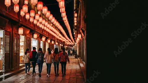 Tourists walk under glowing red lanterns in a traditional street
