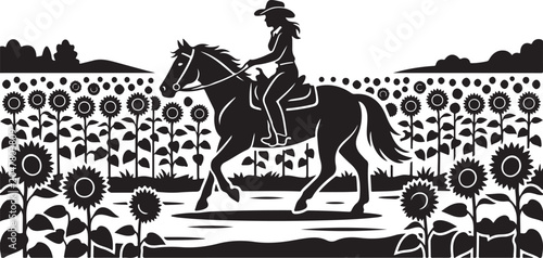 Foto Black and white vector cowboy riding horse, sunflowers field, western landscape
