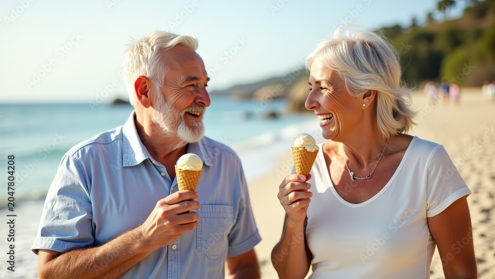 Fototapeta premium Smiling senior couple enjoying ice cream while walking along a sunny beach. Happy elderly man and woman spending quality time together during retirement, celebrating love, companionship, healthy aging
