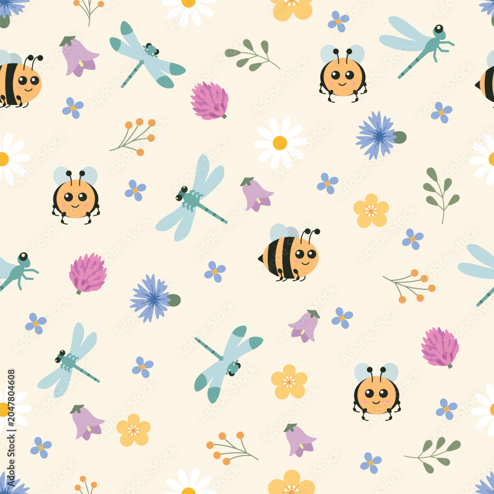 Obraz premium Seamless pattern with cartoon bees, dragonflies, and wildflowers on a light beige background. Repeating spring meadow design for nursery textiles, wallpaper, fabric, and wrapping paper.