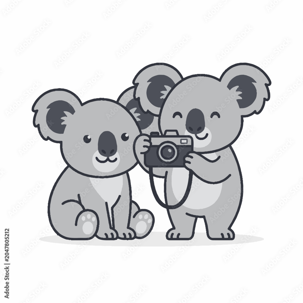Naklejka premium Cute cartoon koalas taking a photo with a vintage camera vector illustration.