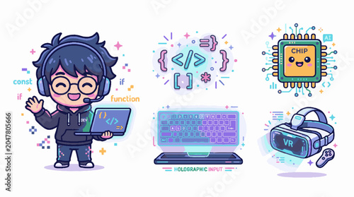 Cute cartoon programmer boy and technology icon set featuring coding symbols computer chip and vr headset.