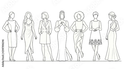 Line Art Illustration Of Seven Female Figures In Various Outfits