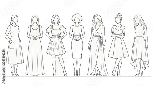 Line drawing of diverse female figures in varying dresses and poses