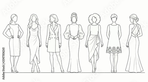 Line Art Illustration Of Seven Female Figures In Various Outfits