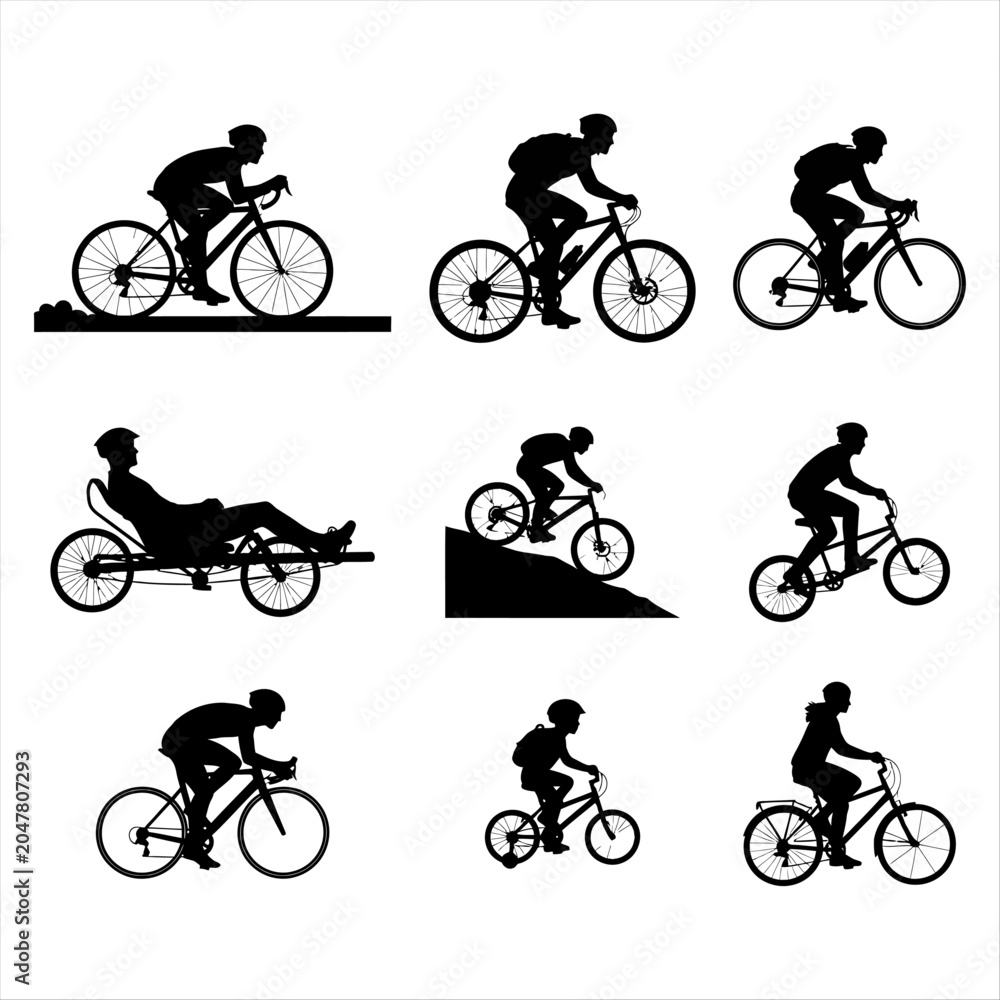 Fototapeta premium Silhouettes of people riding bicycles and tricycles in various poses