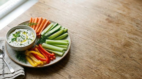 Fresh vegetable crudite platter with creamy yogurt dip on wooden table