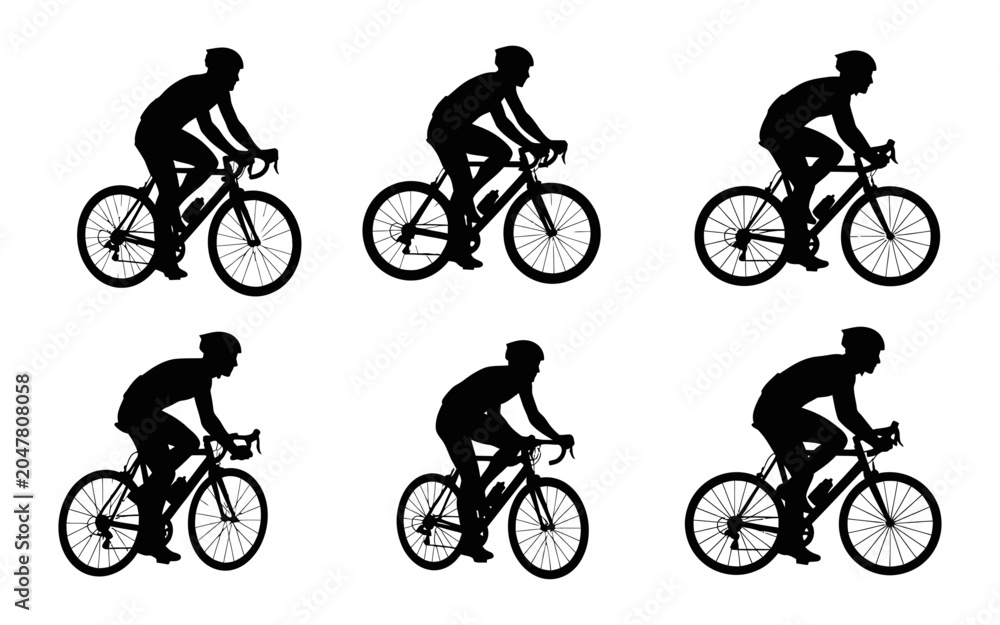 Obraz premium Cyclist riding road bike in dynamic motion sequence on white background minimalist style