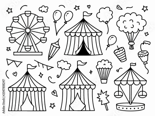 Collection of hand-drawn carnival and circus icons including Ferris wheel tents balloons and popcorn perfect for event invitations and playful designs