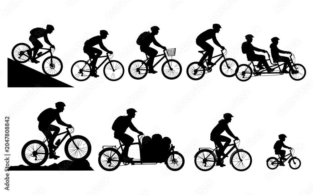 Obraz premium Family cycling adventure with children and cargo bikes on urban slope in minimalist black and white style