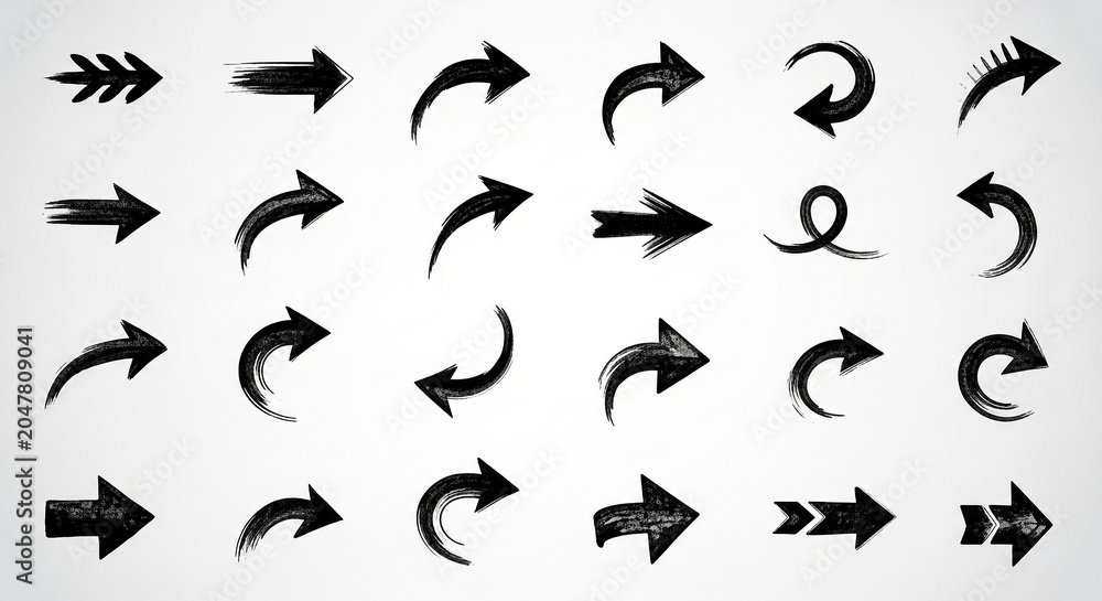 Fototapeta premium Collection of hand drawn brush stroke arrows and navigation symbols with direction illustration collection artistic navigation