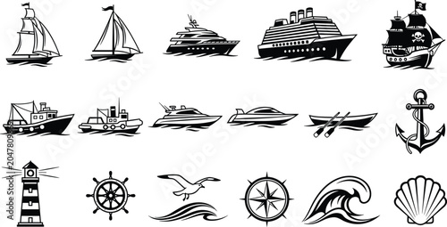 Cuadro en lienzo Nautical icons  marine, ship, boat, cruise, sailing, anchor, compass, set for tr