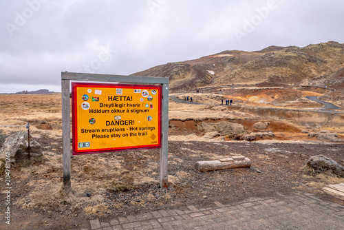 A sign alerts visitors to the dangers of a geothermal area on Iceland's Reykjanes Pennisula.