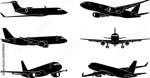 Foto Passenger airplane and commercial aircraft black glyph silhouettes vector collec