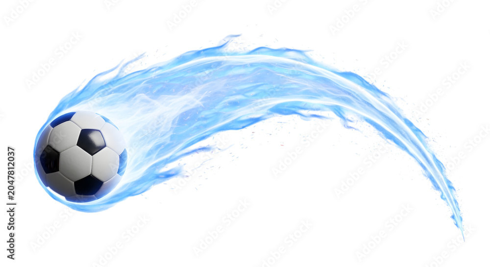 Naklejka premium Soccer ball flying through blue water splash on white background perfect for sports and aquatic themed designs and advertising materials