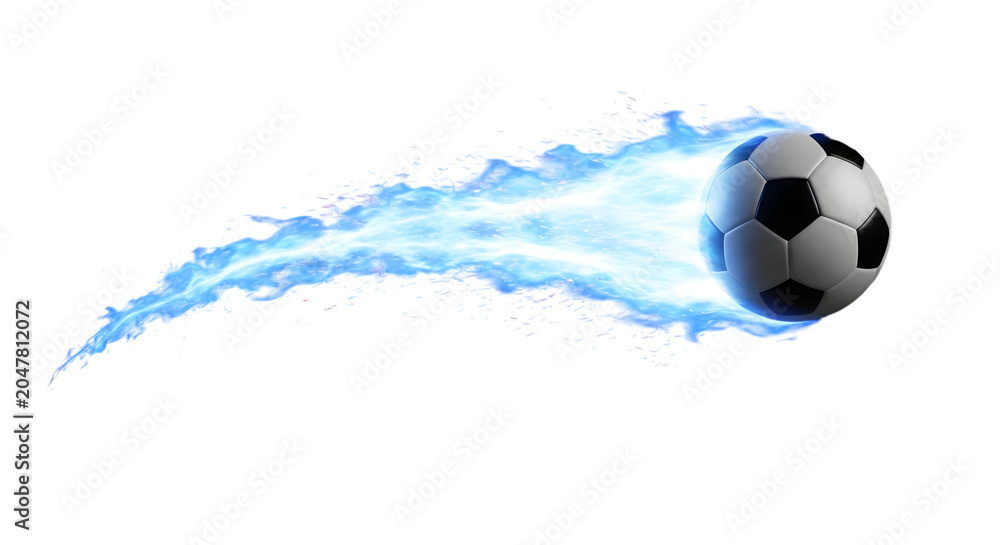 Fototapeta premium Soccer ball flying through the air with blue smoke trail behind it on white background perfect for sports advertising and dynamic football visuals