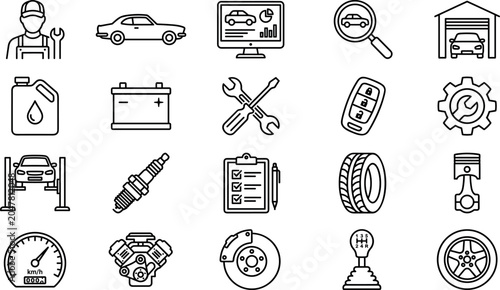 Car repair and auto service outline icons vector collection set including mechanic engine battery tools tire garage speedometer brakes and maintenance checklist