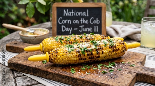 Two ears of lightly charred grilled corn on the cob brushed with melted butter and fresh parsley on a rustic wooden board for National Corn on the Cob Day on June 11.