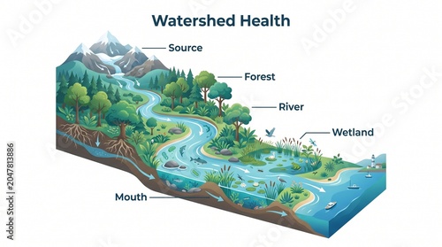 Wetland conservation ecological balance illustration with forest river and watershed