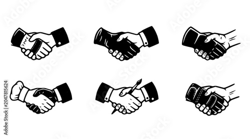 Set of six professional handshake icons in black ink
