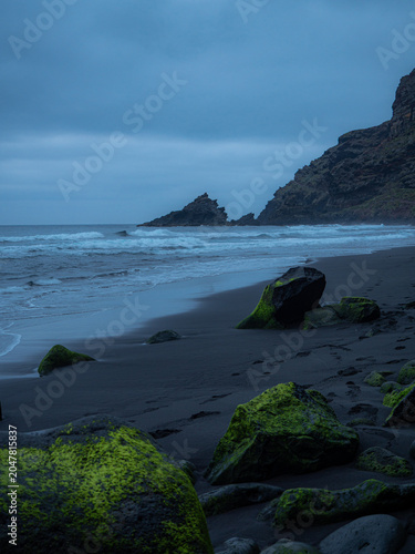 coastal cliffs with mossy green rocks on a beach before sunrise