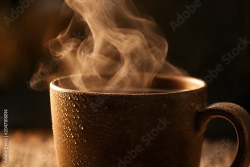 Steam Rising Hot Coffee Ceramic Mug Close-Up Cozy Morning Texture Background

