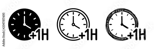 Foto Plus One Hour Clock Icons: Black Solid, Outline, and Sketch Styles