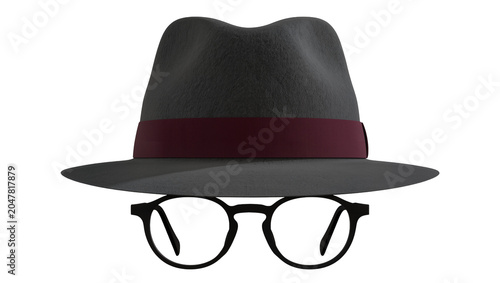 Tableau sur toile Dark grey fedora hat with burgundy band and black glasses, isolated on transpare