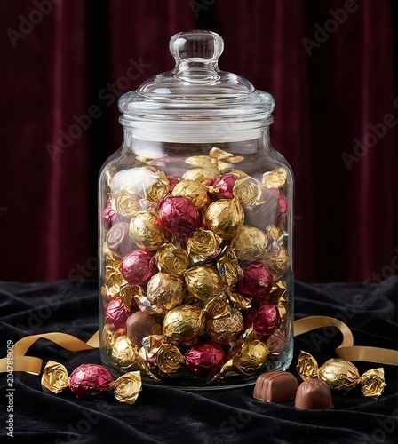 Glass Jar Filled With Assorted Chocolate Truffles Wrapped In Gold And Red Foil.
