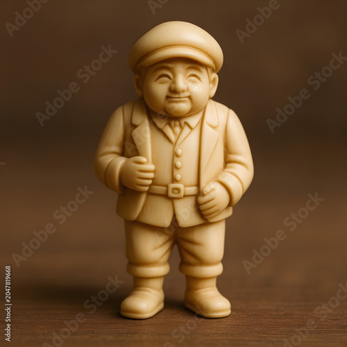 Vintage figurine of a smiling man in a suit with a cap on wooden background  