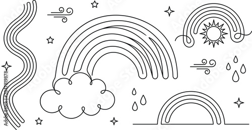 Tableau sur toile Whimsical rainbow cloud weather vector line art set with celestial stars sun and