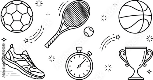 Fotografi Sports equipment doodle vector line art set with soccer ball tennis racket baske