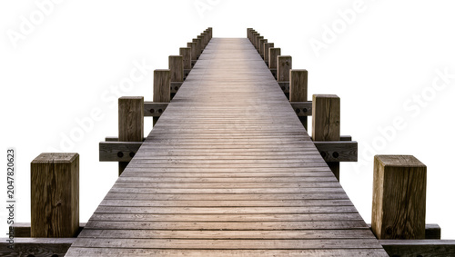 Tableau sur toile Weathered wooden pier with sturdy posts leading to infinity, isolated on transpa