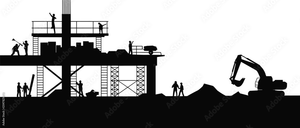 Obraz premium Construction site silhouettes with workers, heavy machinery, building structure, industrial equipment, teamwork, labor workforce, engineering project, construction activity scene