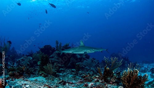 Hammerhead shark swimming over coral reef in clear blue ocean waters.