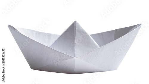 Quadro su tela White paper origami boat sailing on water, isolated on transparent background