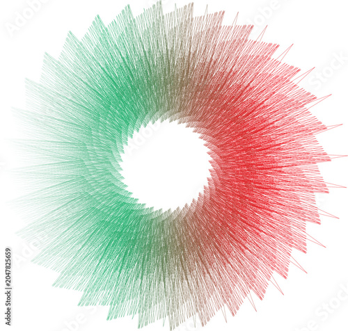 Принти на полотні Abstract Radial Design: A mesmerizing abstract pattern, composed of countless fine lines in shades of red and green, forms a perfect radial design