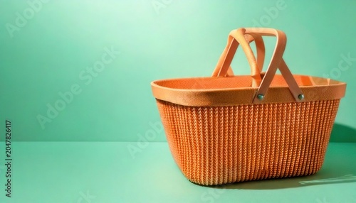 Wicker Basket with Handles on Green Background.