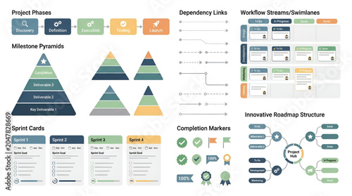Project management infographic elements and workflow planning icons set
