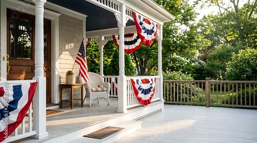 Patriotic decorations on a white wooden porch for independence day