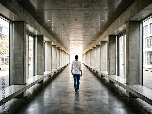 Man walking down a long, modern concrete corridor with windows and benches on both sides