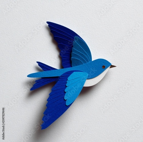 children’s book style illustration of a blue bird in flight, side profile facing right, simple construction paper cutout look, clean shapes, white background