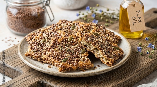 Healthy homemade flaxseed crackers with seeds and oil, a nutritious snack.