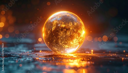 Mysterious Glowing Orb of Fiery Energy on Wet Surface.