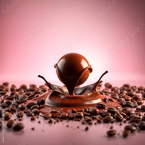 Chocolate sphere splashing into liquid chocolate surrounded by roasted coffee beans on a soft pink background