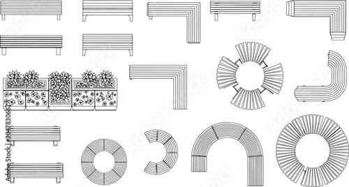 Set of park bench top view vector icons for landscape architecture design and urban planning site plans