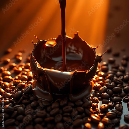 Liquid chocolate pouring into a chocolate bowl surrounded by roasted coffee beans
