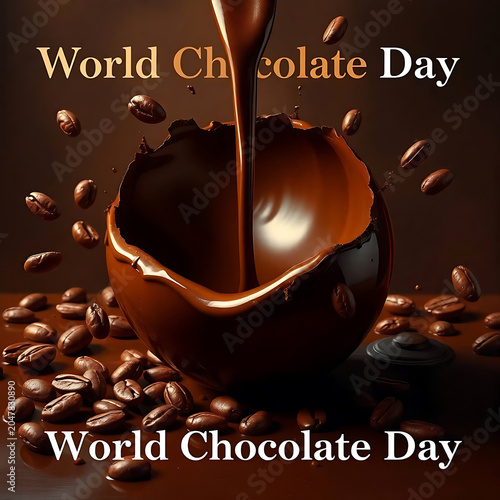 World chocolate day celebration with liquid chocolate pouring into a hollow chocolate sphere surrounded by roasted coffee beans on a dark brown background